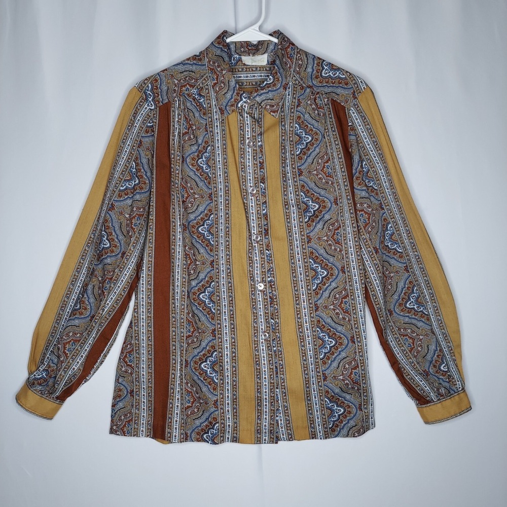 Vtg 70s Western Button Collar Top Women M‎ Paisley Stripe Country Austin Hill
